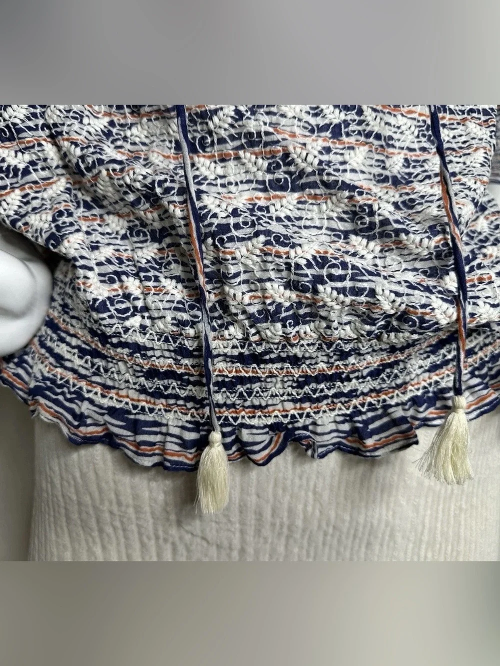 Tory Burch Embroidered Boho Peasant Blouse Tassel Tie Cotton Women M